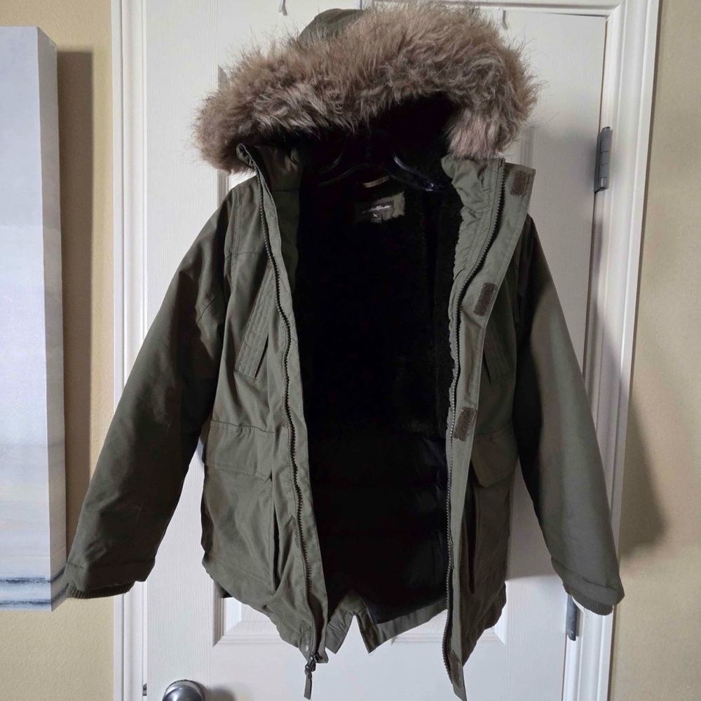 Eddie Bauer Kids Olive Green Puffer Jacket with Faux Fur Hood
